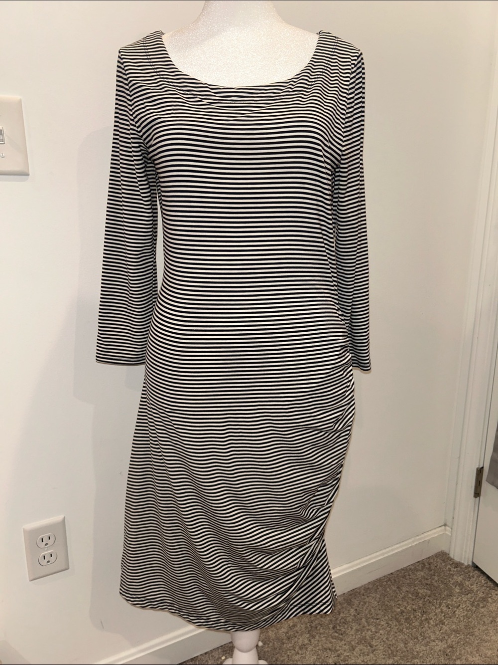 Banana Republic Navy Blue and White Striped Side-Ruched Stretch Dress, Size S